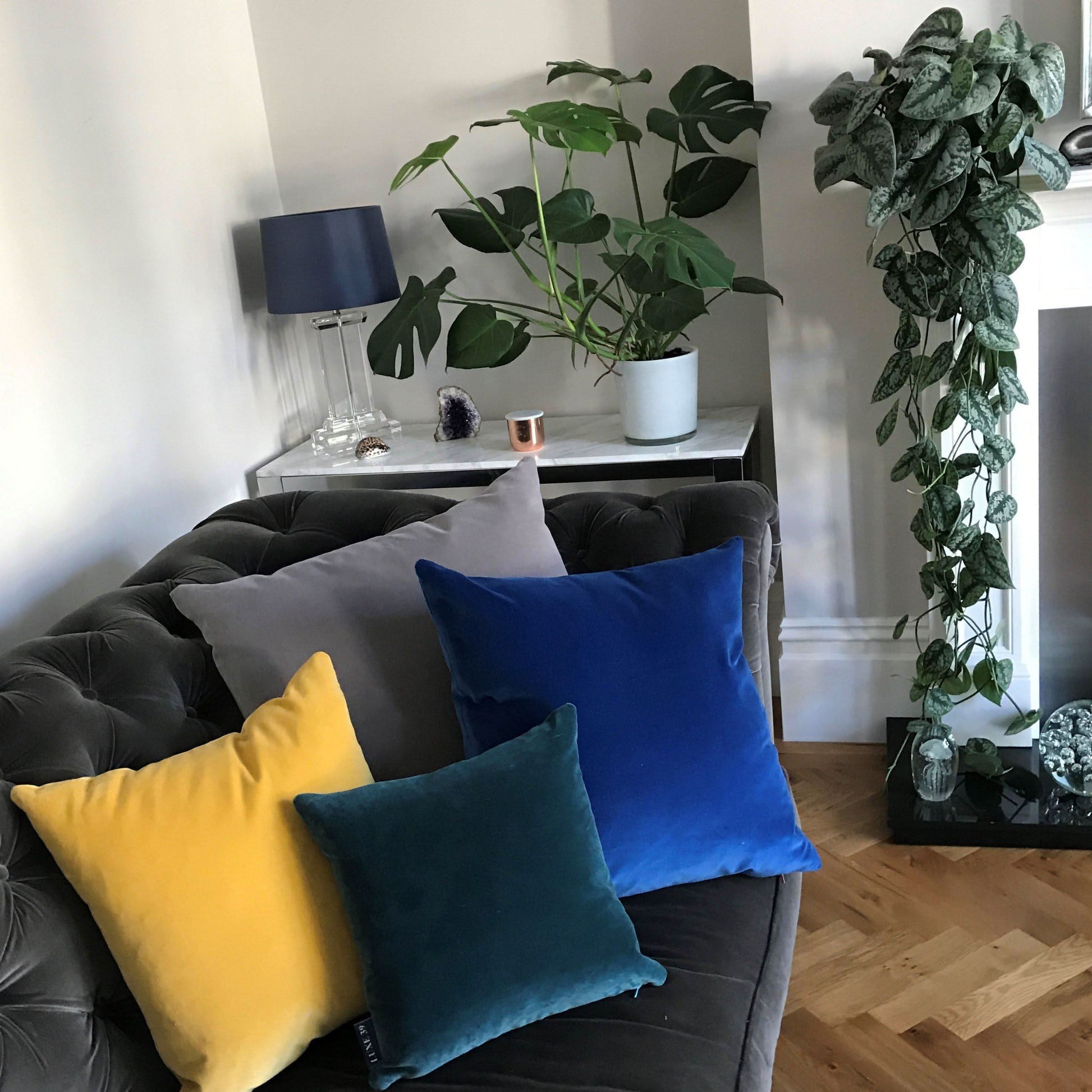 Silver Grey Velvet Cushion with True Blue Luxe 39
