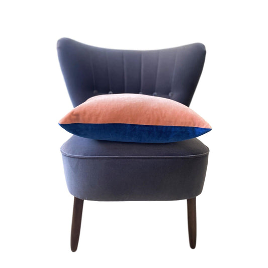blush pink velvet cushion with royal blue luxe 39