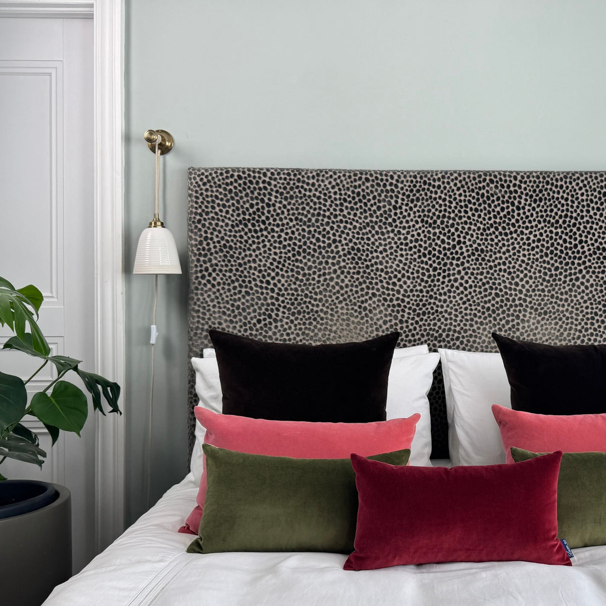 burgundy velvet cushion with olive, rose and dark chocolate cushions