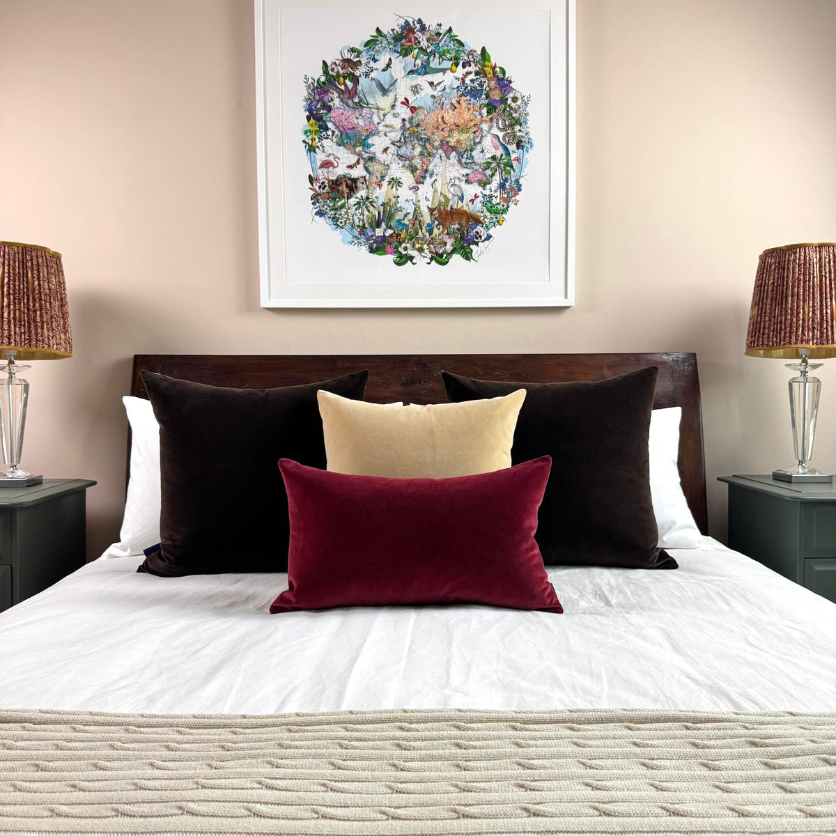 burgundy velvet cushion cover rectangle on white bedding on wooden bed