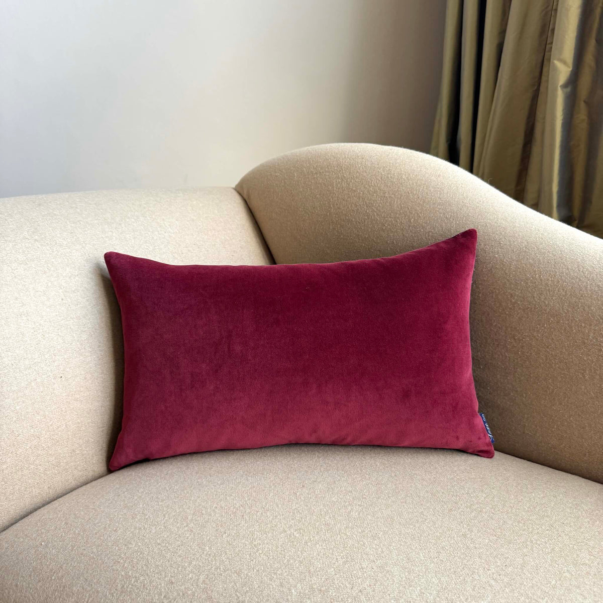 burgundy velvet cushion cover rectangle on beige sofa