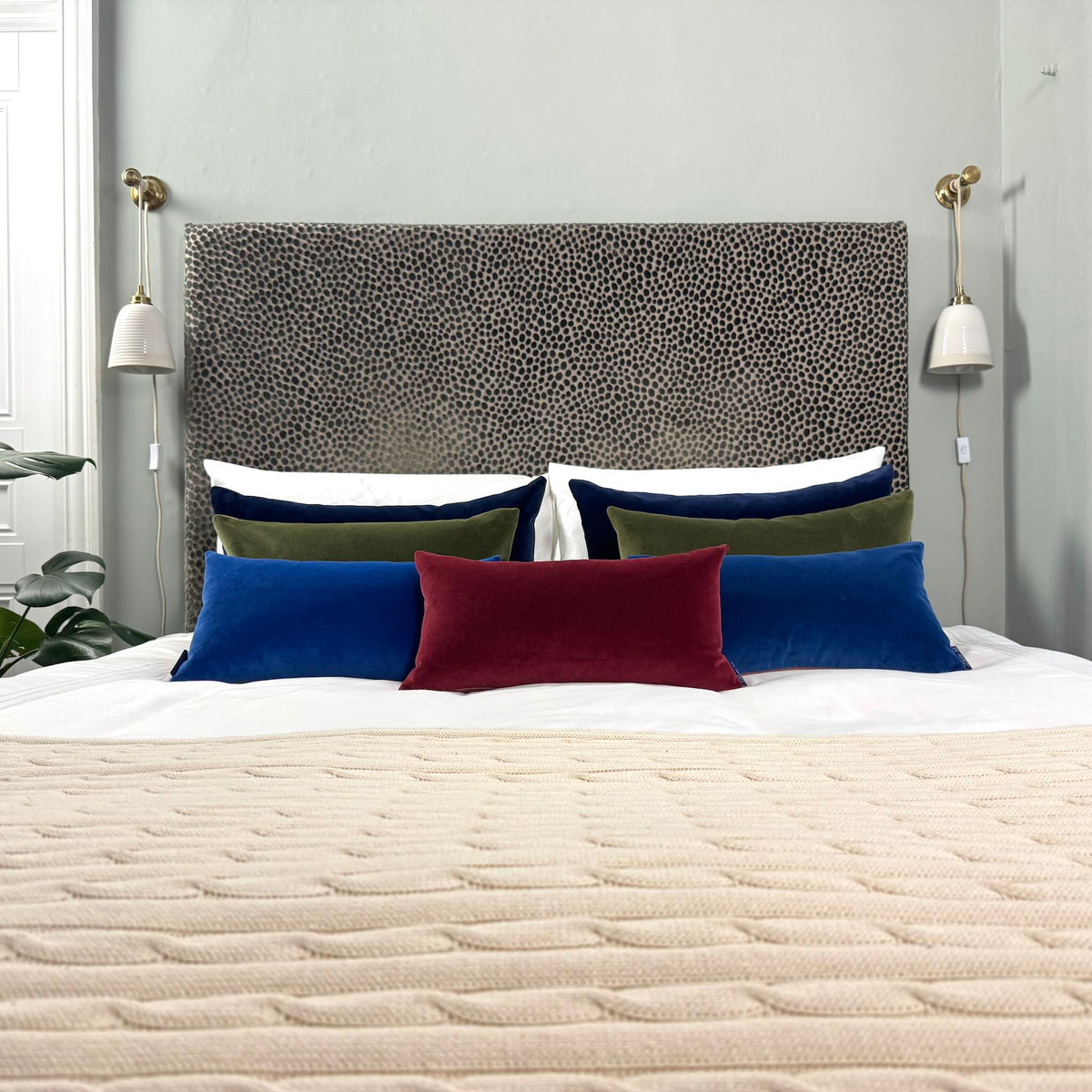 burgundy velvet cushion cover rectangle in blue room