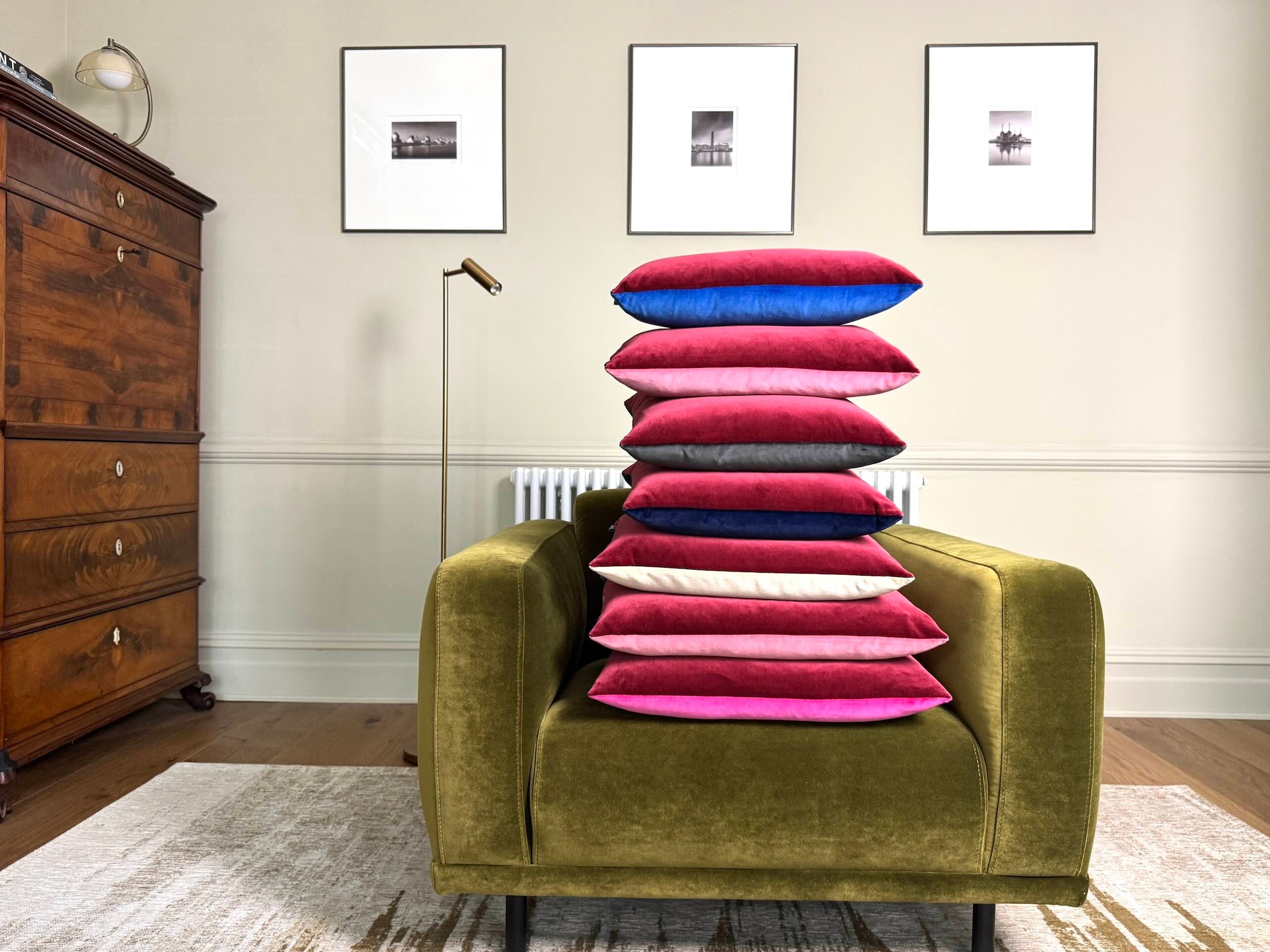 burgundy velvet cushions piled by luxe 39
