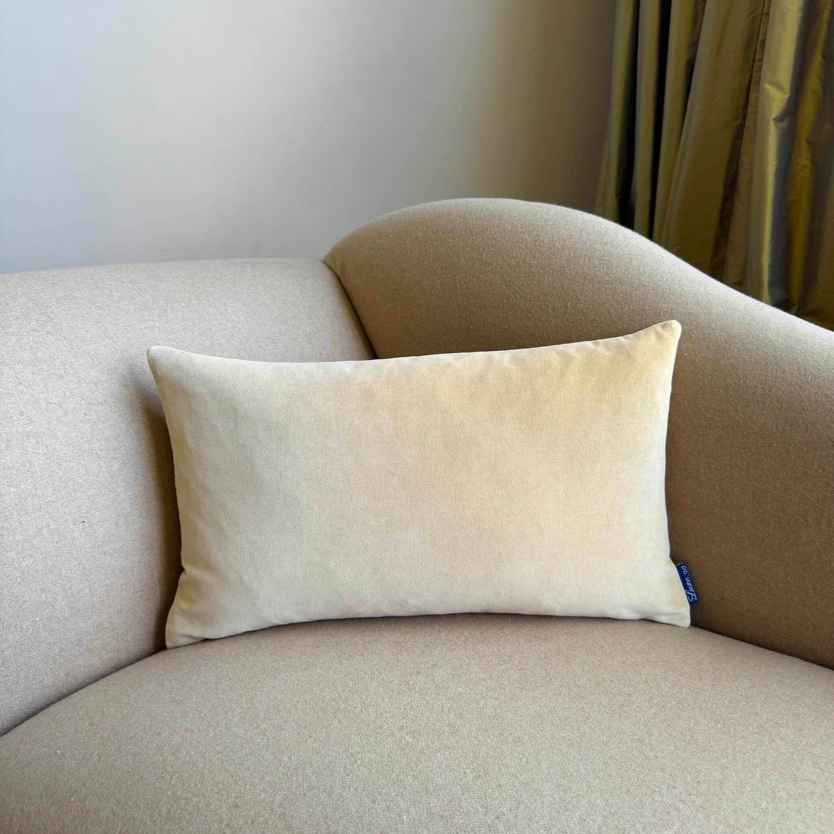champagne cream velvet cushion rectangle on beige sofa