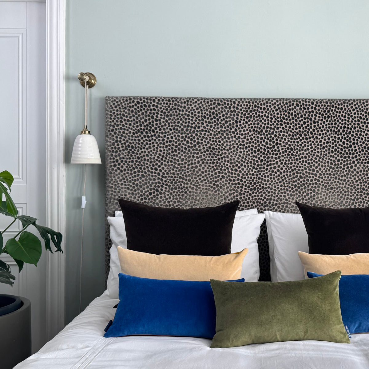 champagne velvet cushion with cobalt olive and dark chocolate