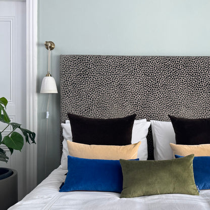 champagne velvet cushion with cobalt olive and dark chocolate