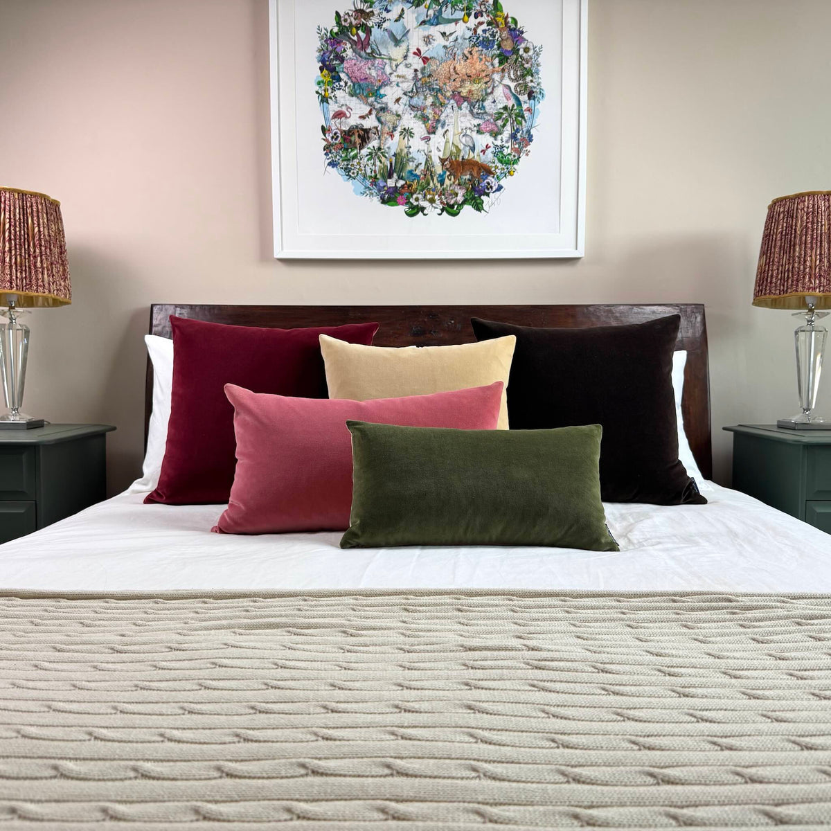 square champagne velvet cushion with other new colours by luxe 39 on wooden bed