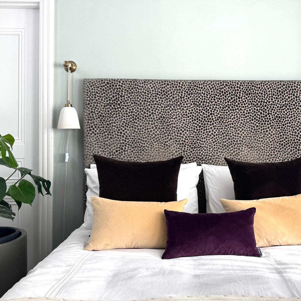 champagne velvet cushion cover with plum and dark chocolate blue room