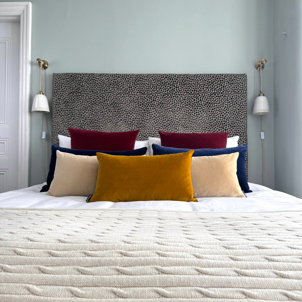champagne velvet cushions with gold ochre