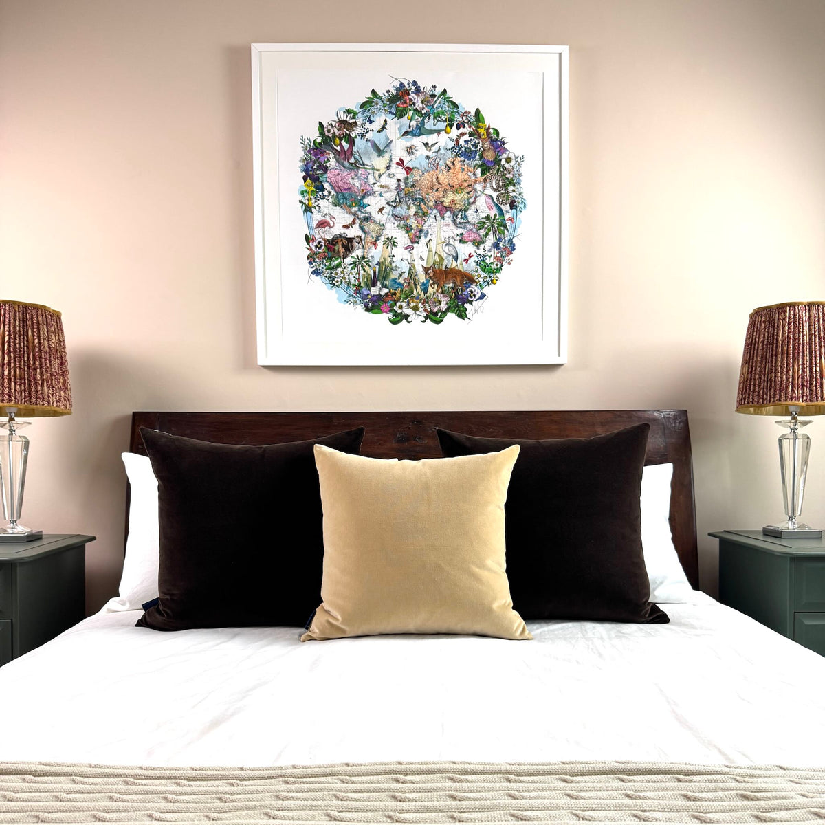 champagne velvet cushion square styled with dark chocolate velvet cushions