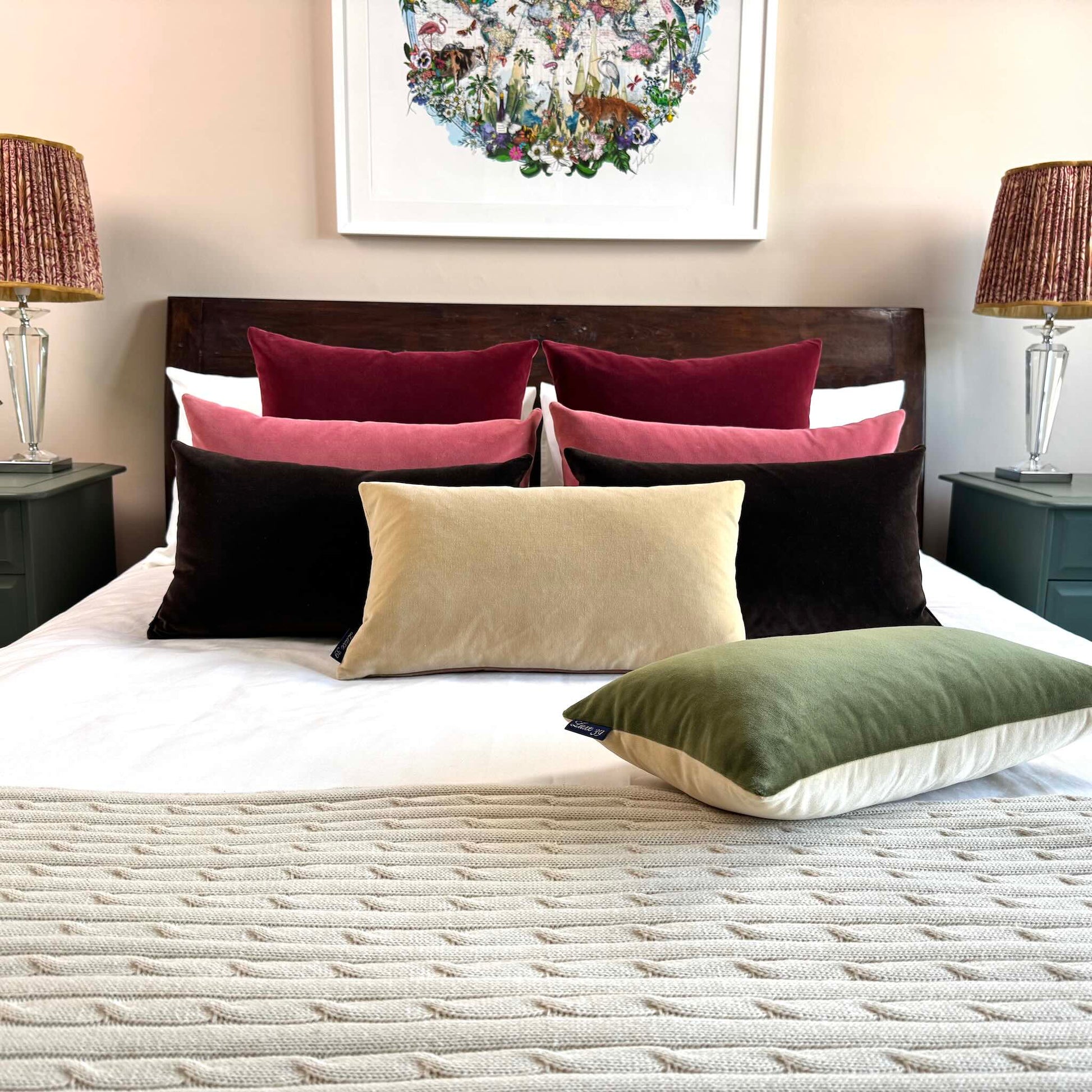champagne velvet cushion with dark chocolate, rose and burgundy