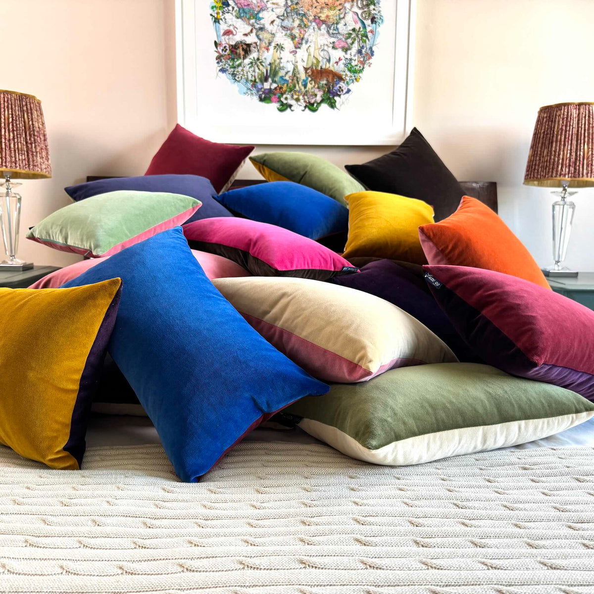 cobalt blue velvet cushion on wooden bed