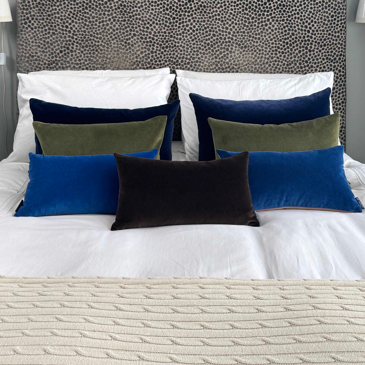 dark chocolate velvet cushion cover with blues and greens