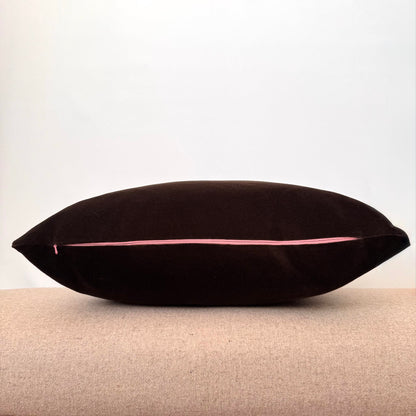 dark chocolate velvet cushion with pink zip