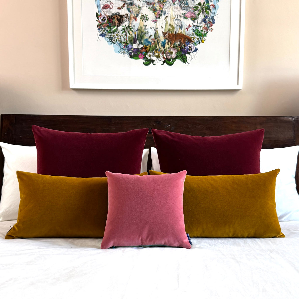 gold ochre velvet cushion with rouge pink and burgundy cushions