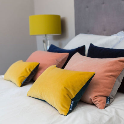 grey and mustard cushions in velvet