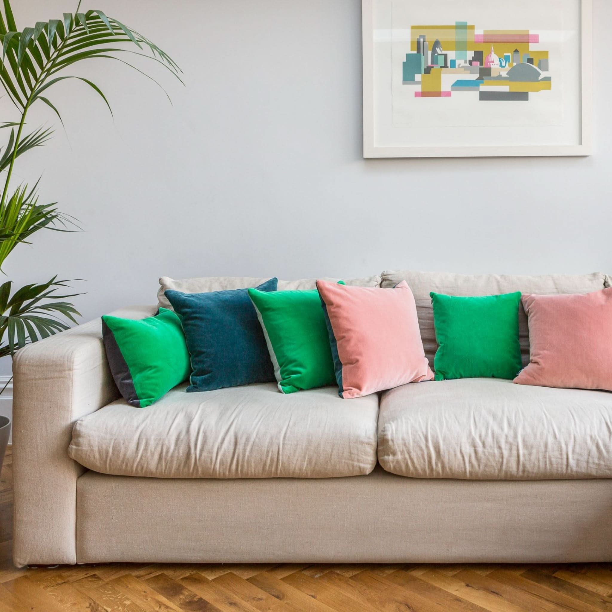 Grey sofa shop with turquoise cushions