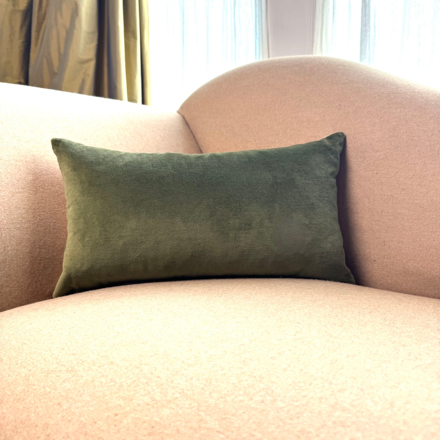 olive green velvet cushion rectangle on beige sofa