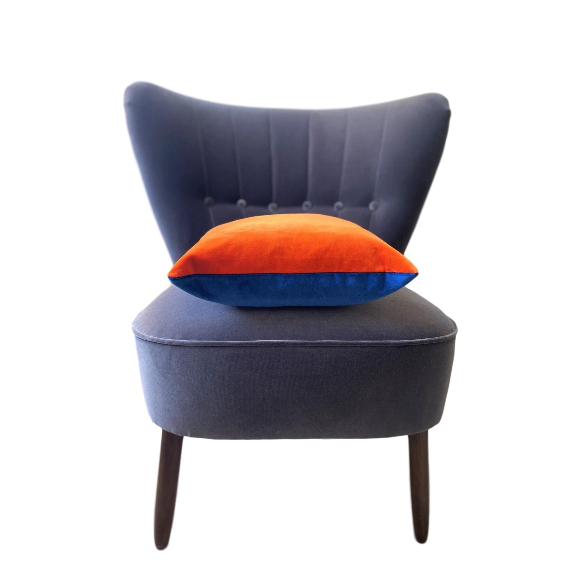 burnt orange velvet cushion with classic blue by luxe 39