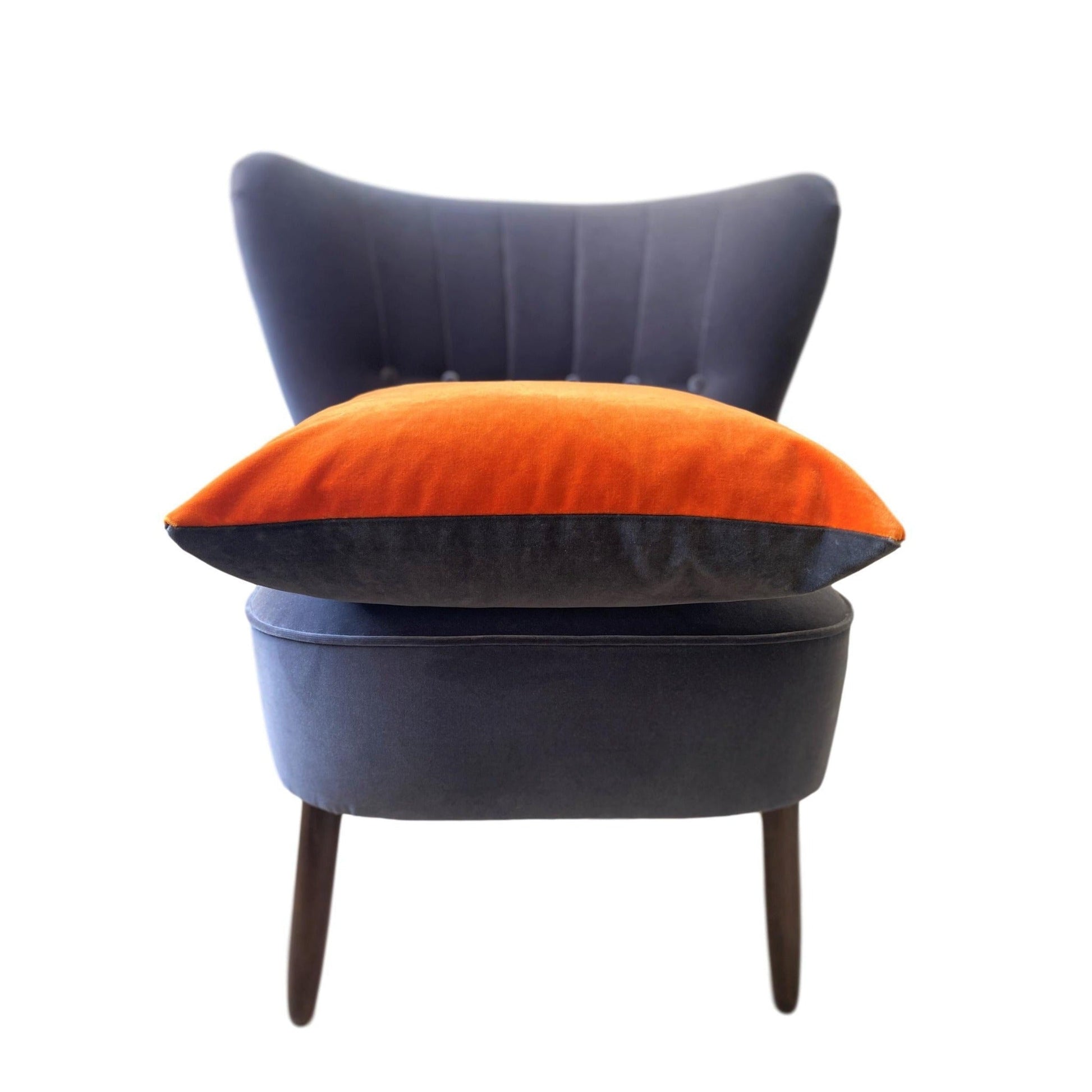 burnt orange velvet cushion with dark grey by luxe 39