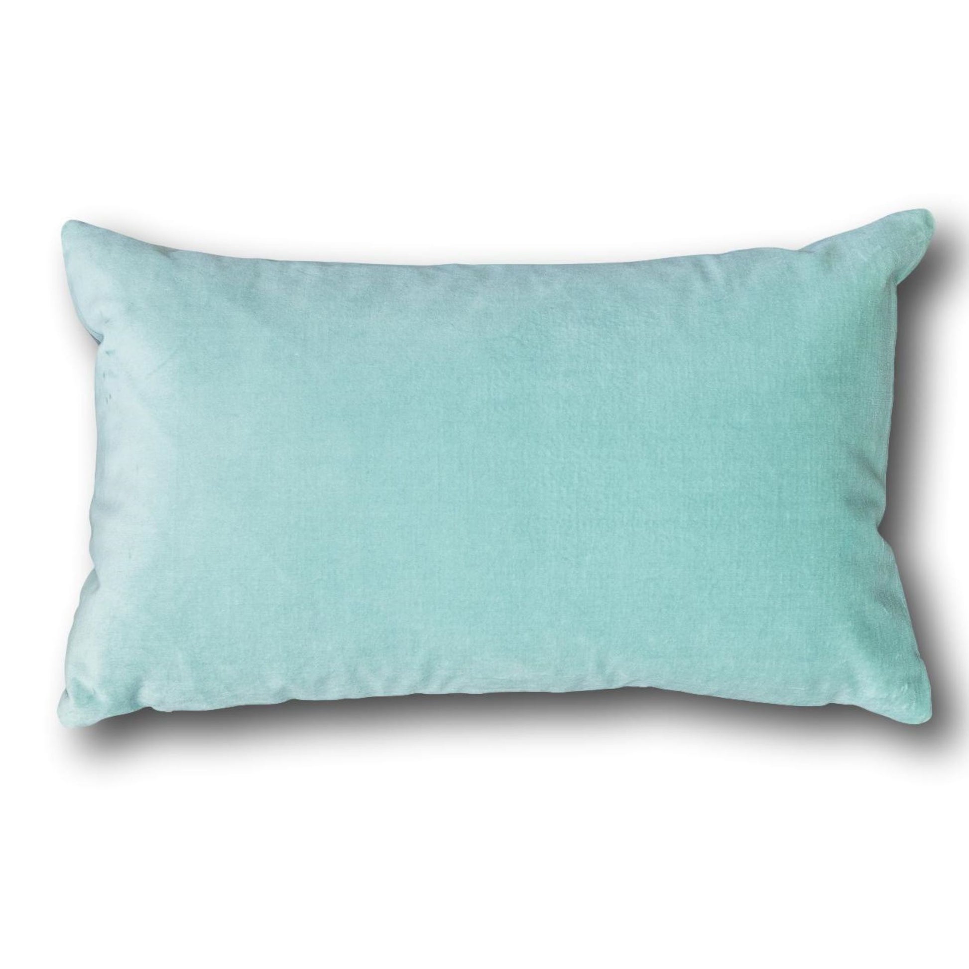 pale grey cushion with a duck egg velvet reverse