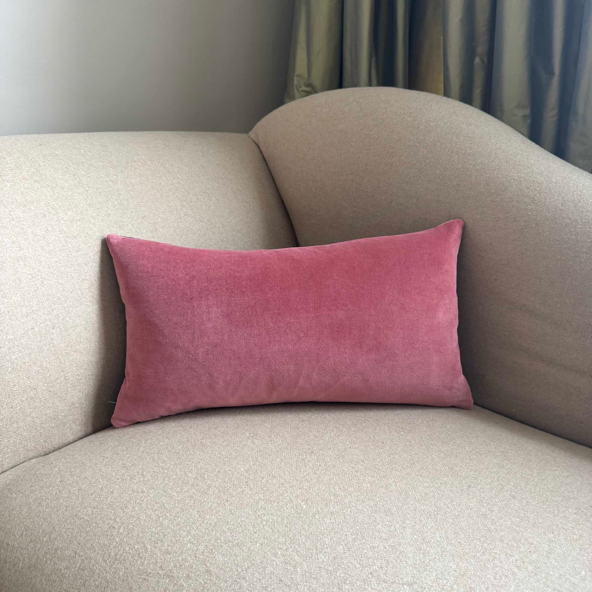 rose pink velvet cushion cover rectangle on beige sofa