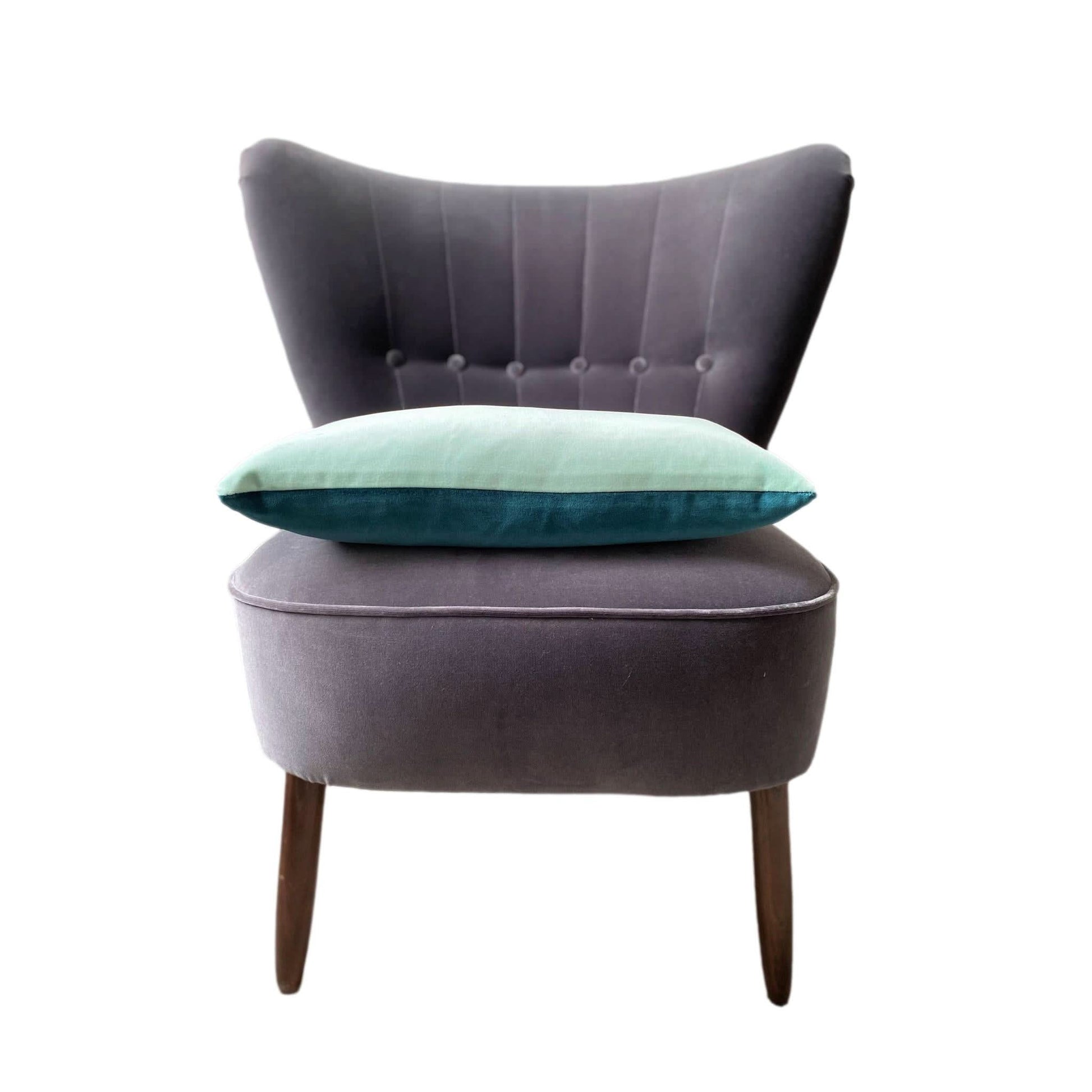teal fluffy cushion with duck egg velvet reverse