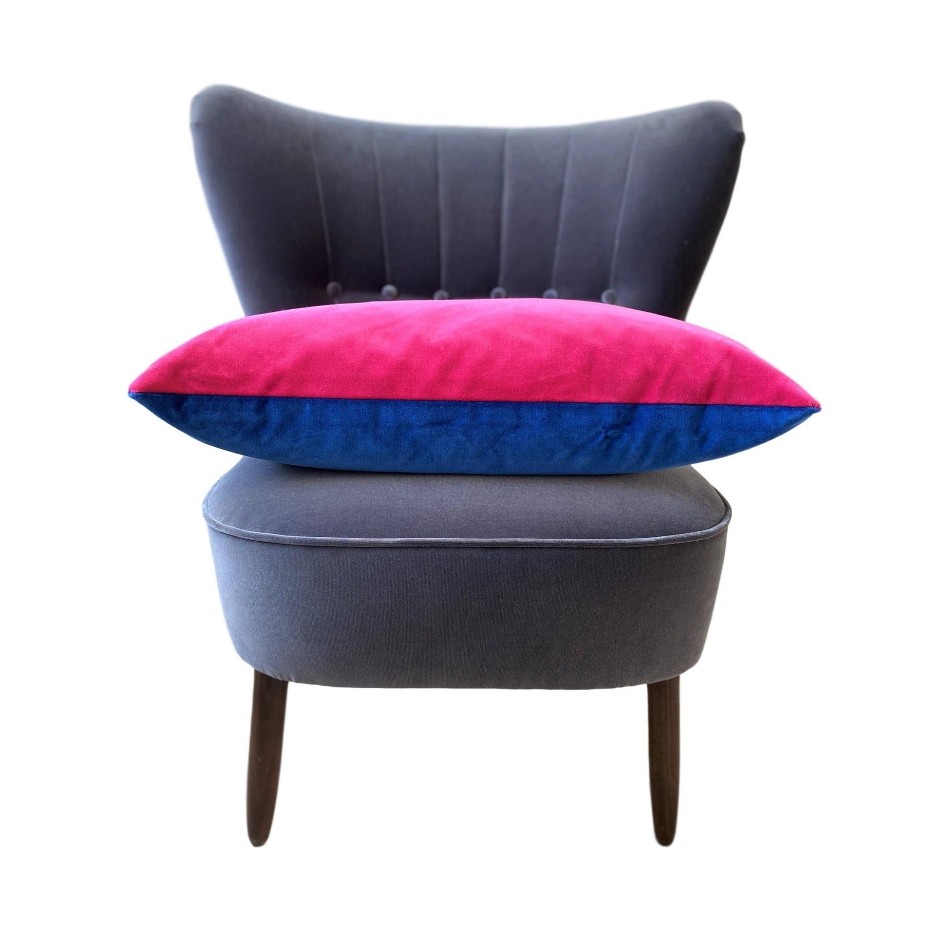 bright pink velvet cushion with classic blue luxe 39