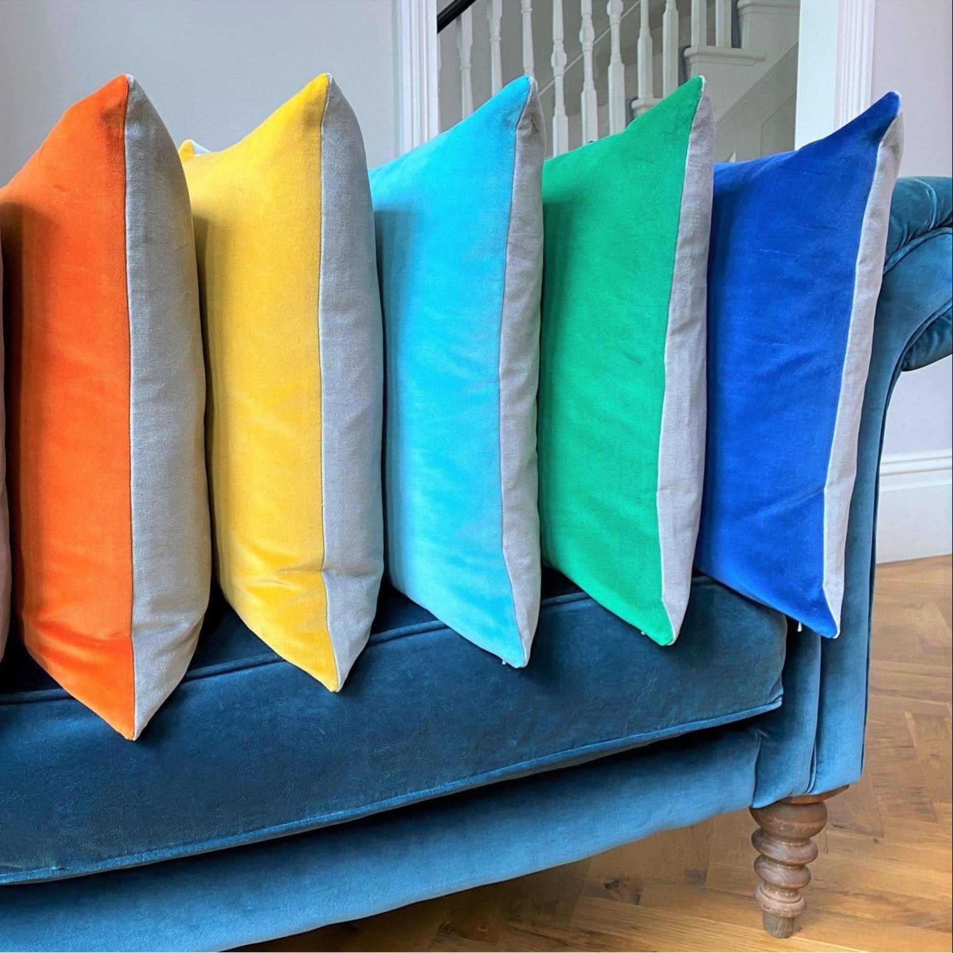 royal blue velvet cushion with silver grey by luxe 39