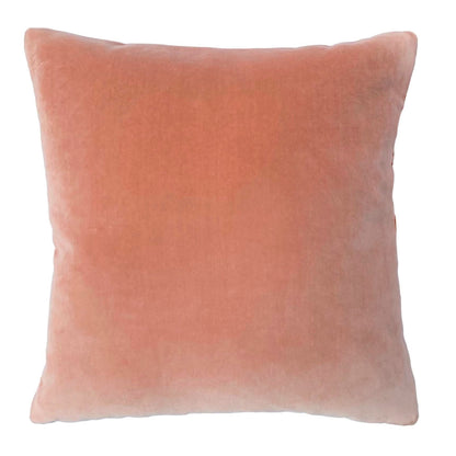blush pink velvet cushion with a blue velvet reverse