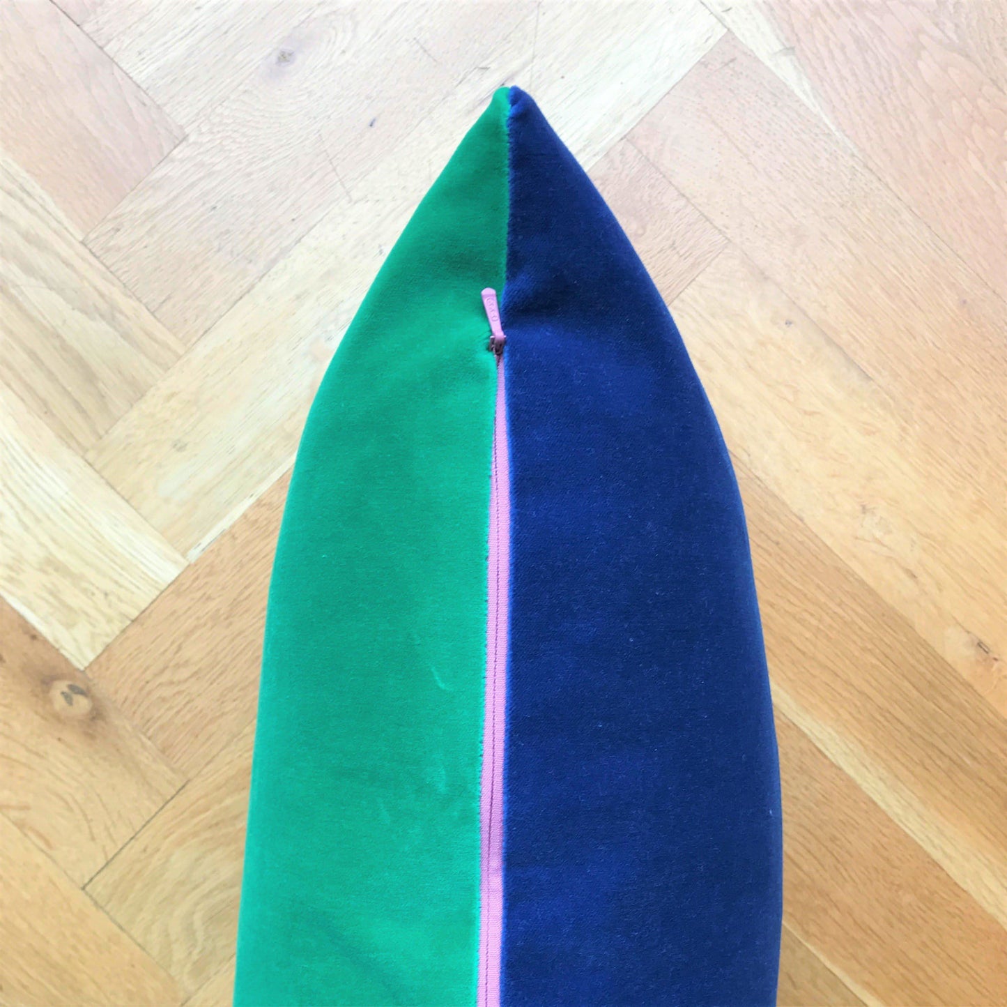 Large blue cushion with emerald green velvet reverse and pink zip luxe 39 