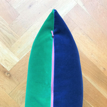 Large blue cushion with emerald green velvet reverse and pink zip luxe 39 