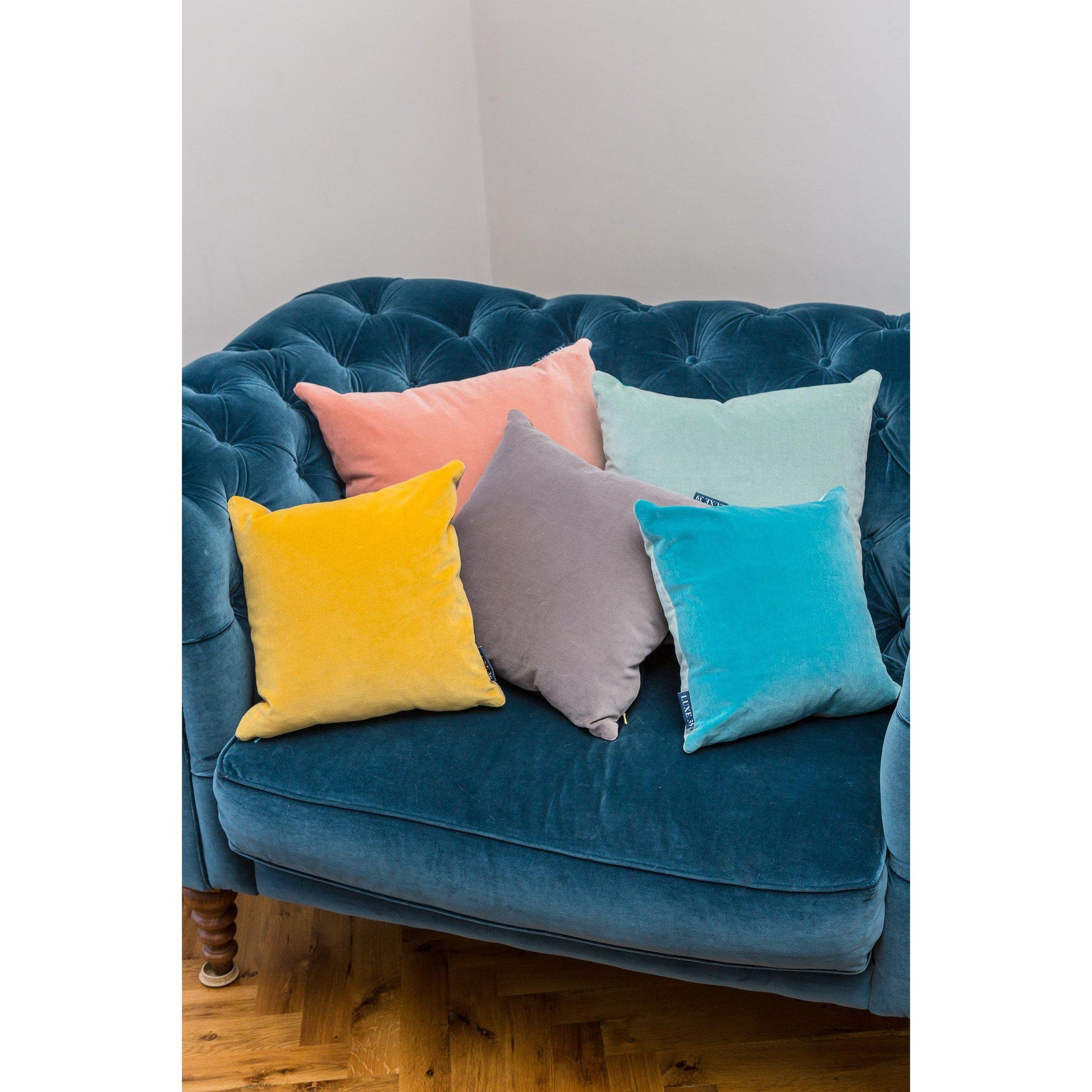 turquoise velvet cushion cover with blush pink by luxe 39