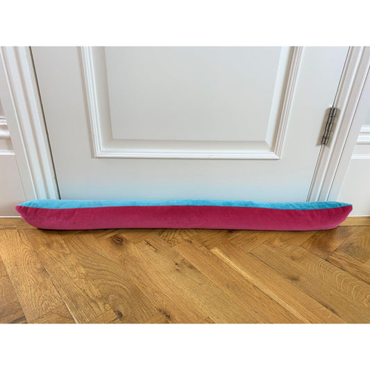 bright pink velvet draft excluder with turquoise