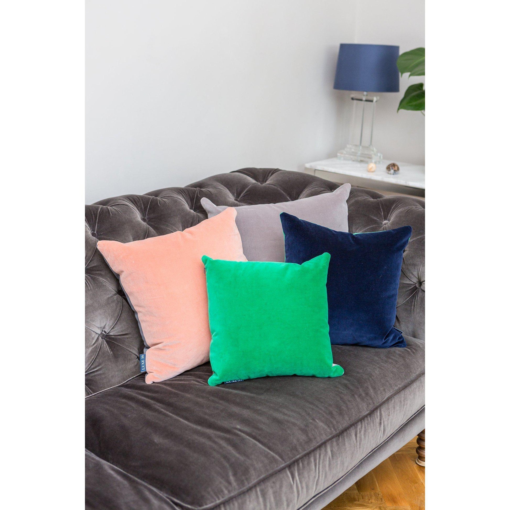 Silver Grey Velvet Cushion with Emerald Green Luxe 39