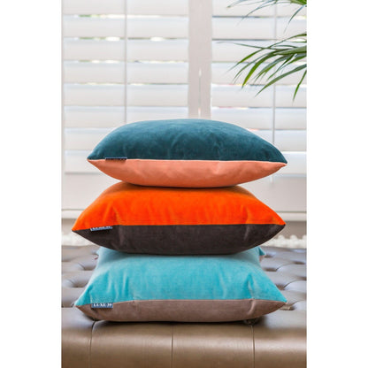 light grey velvet cushion with turquoise by luxe 39