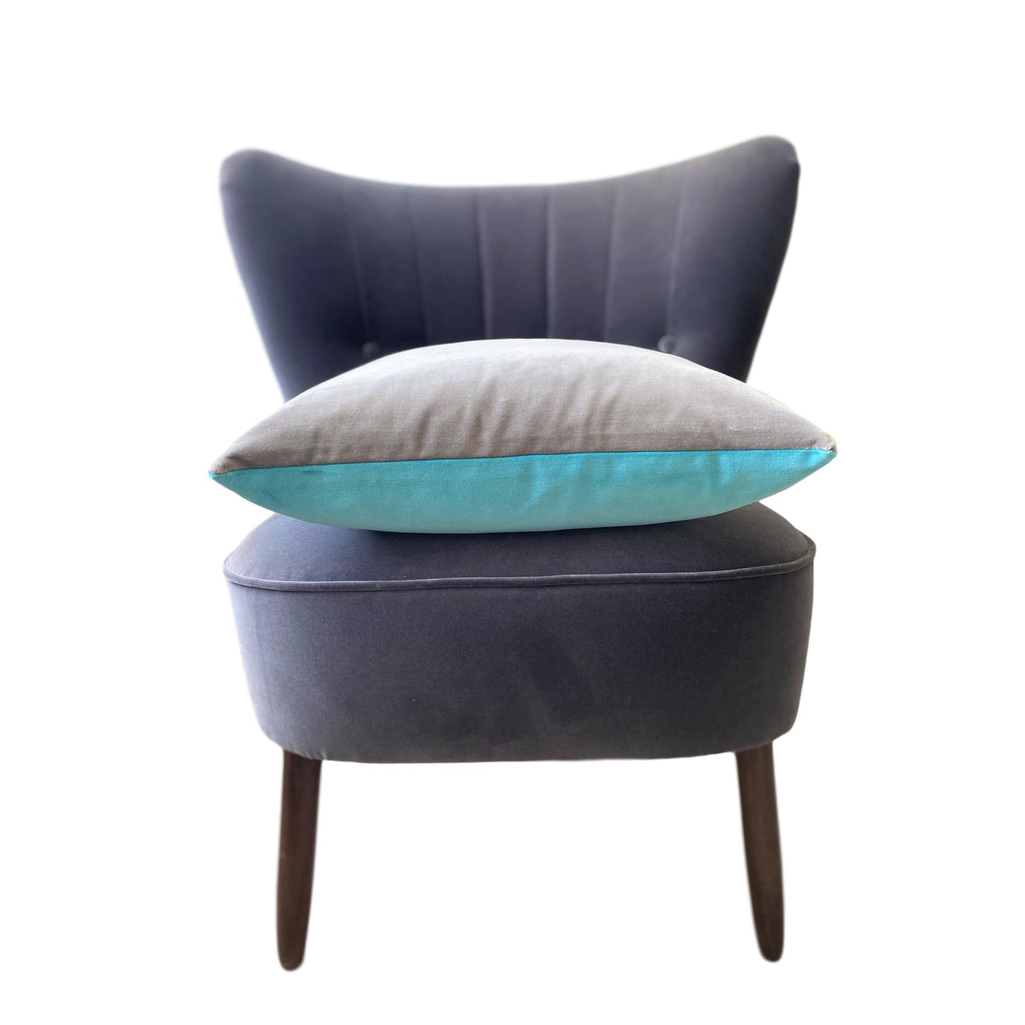 light grey velvet cushion with turquoise by luxe 39