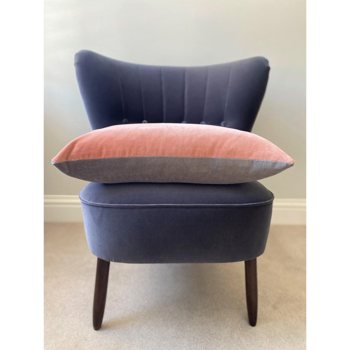 blush pink velvet cushion with silver grey luxe 39