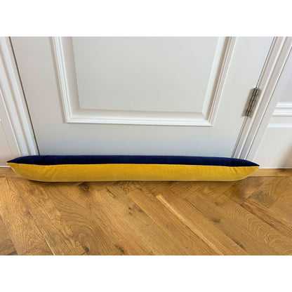 mustard yellow velvet draft excluder with navy reverse