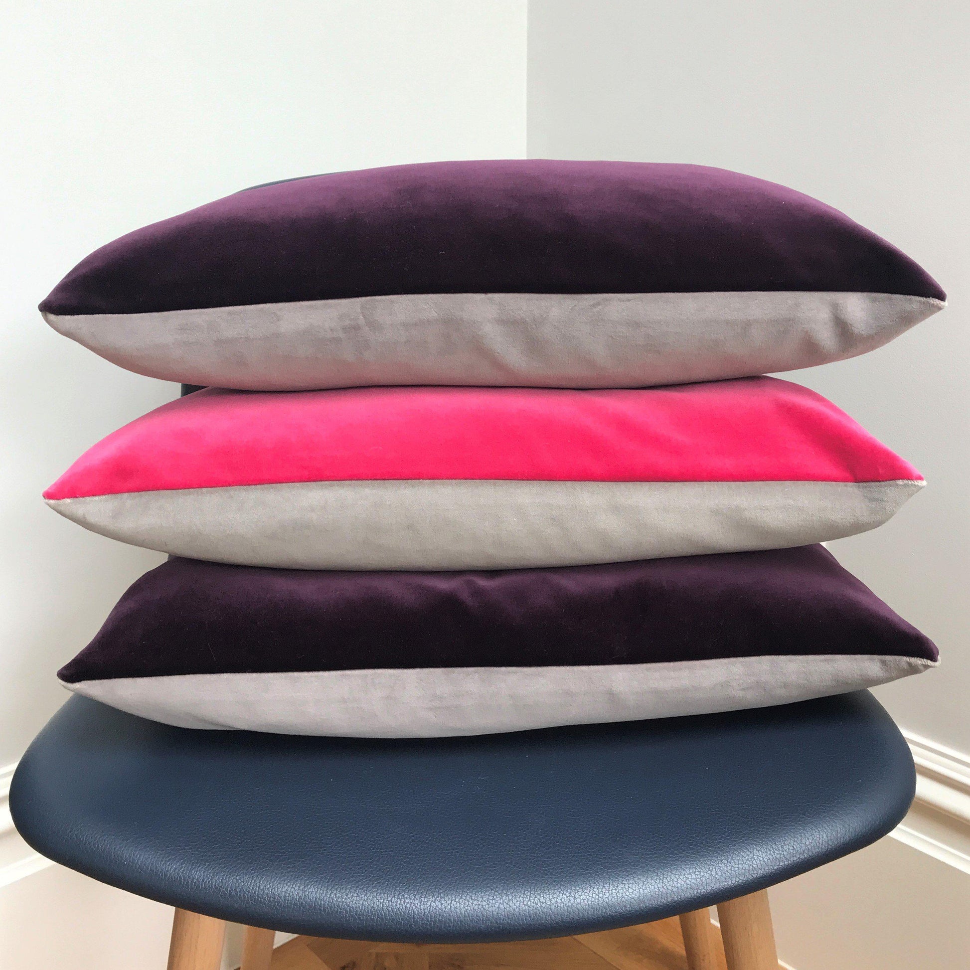 purple velvet cushion with silver grey by Luxe 39