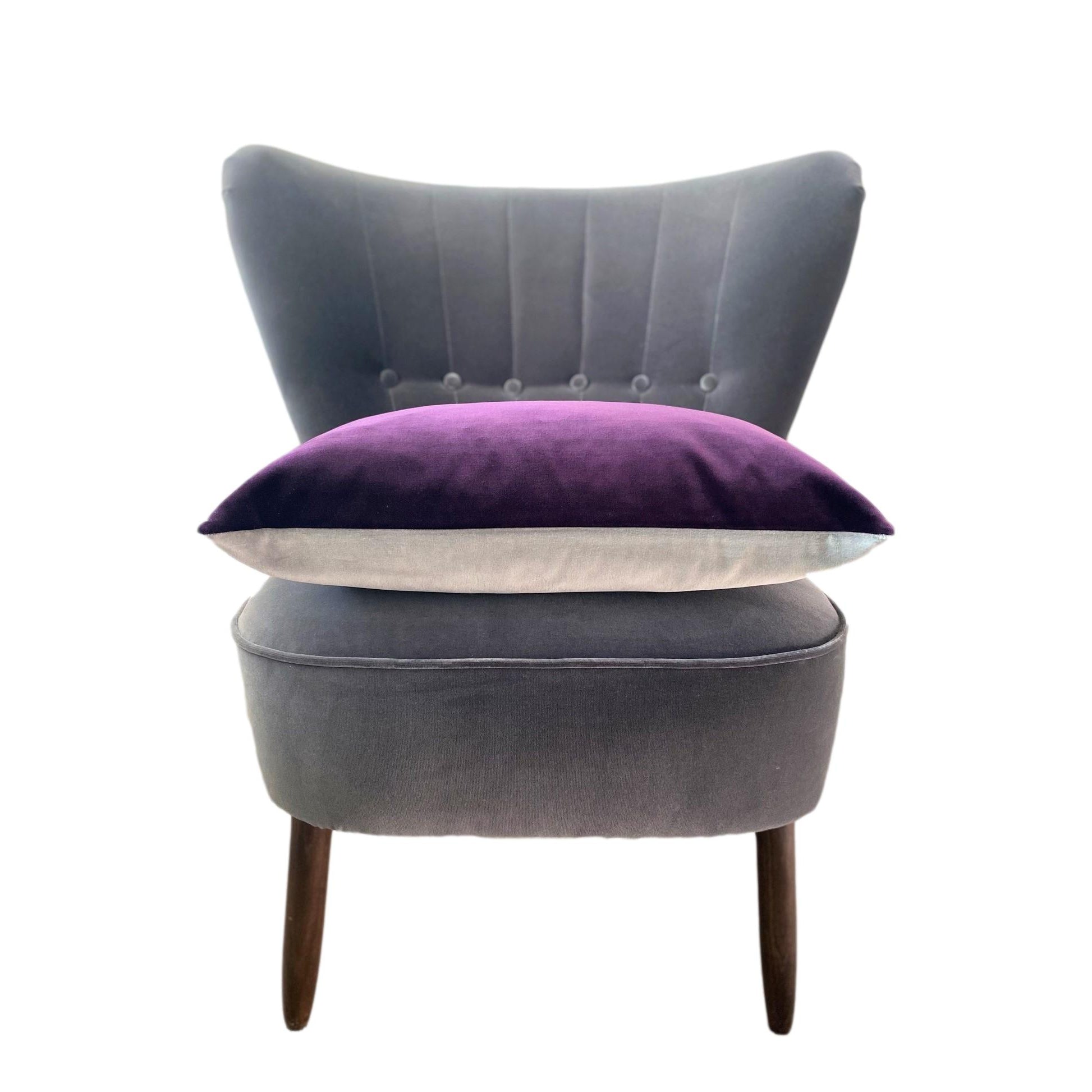 purple velvet cushion with silver grey by Luxe 39