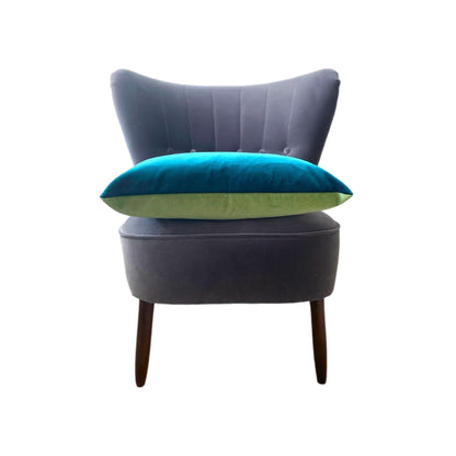 sage green cushion with a teal velvet reverse by luxe 39
