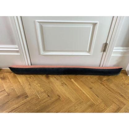 Draft excluder with blush pink velvet front and slate grey velvet reverse