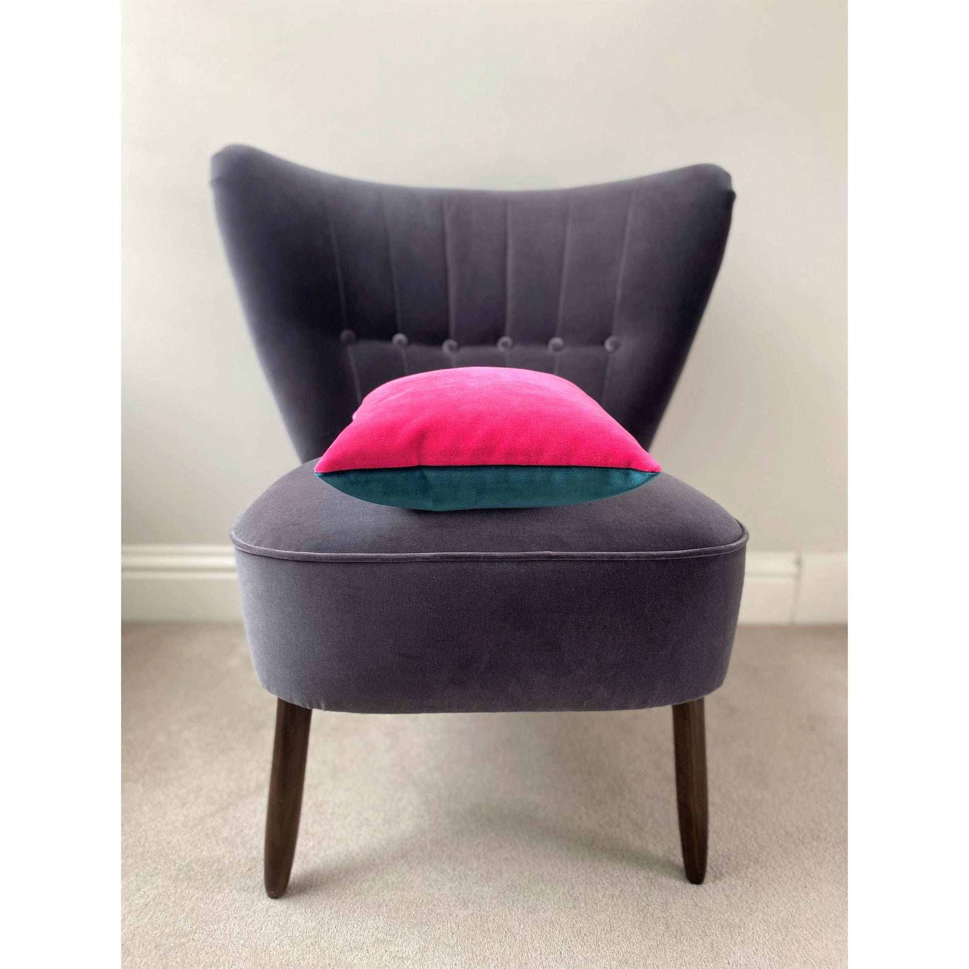 bright pink velvet cushion with teal luxe 39