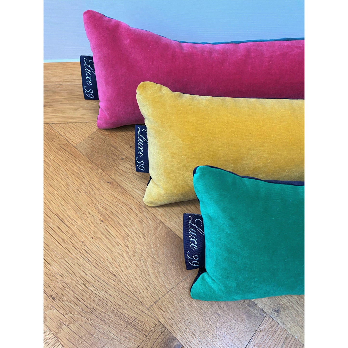 velvet draft excluders with Luxe 39 labels